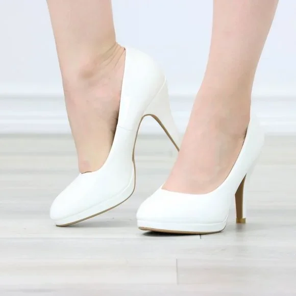 Classic Patent White High Heel Slip On Round Toe Pumps - Picture 11 of 12